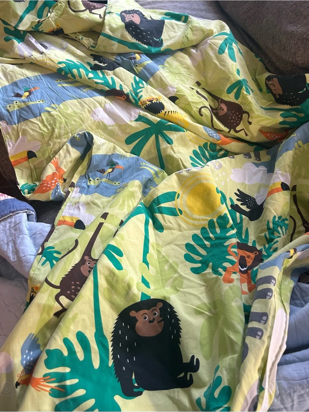 IKEA Multicolor Jungle Animal Cotton Duvet Cover w/Yellow & Blue Accents | Twin